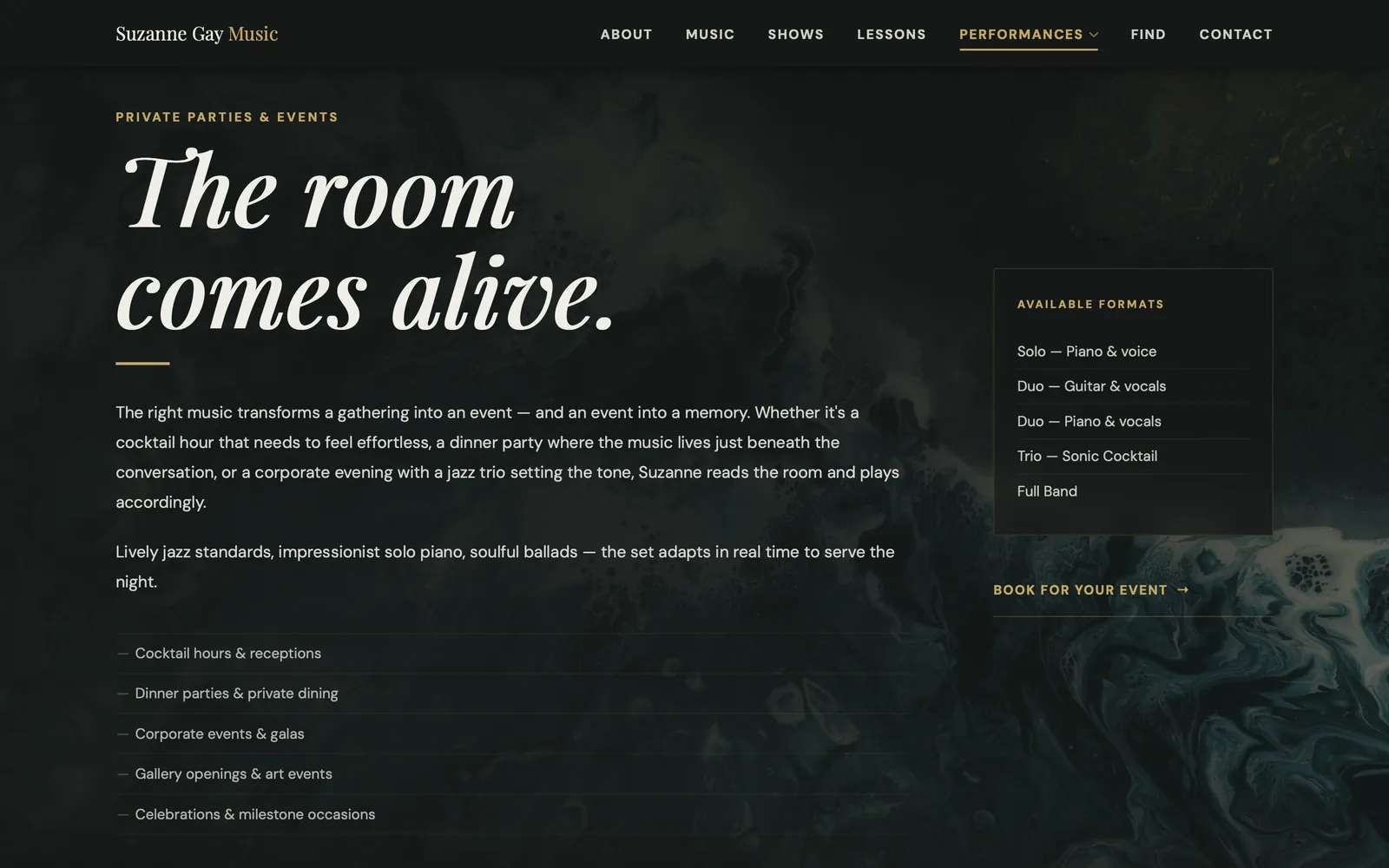 Suzanne Gay private parties and events page